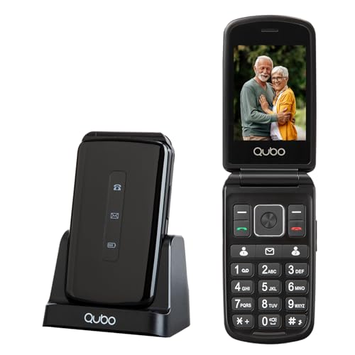Qubo Flip Seniorenhandy GSM, Seniorenhandy ohne vertrag, 2,8-Zoll-Display, hohe Lautstärke, SOS-Funktion, Dual-SIM-Unterstützung, Schnellwahl, FM-Radio, Taschenlampe, Ladestation, Schwarz. von Qubo