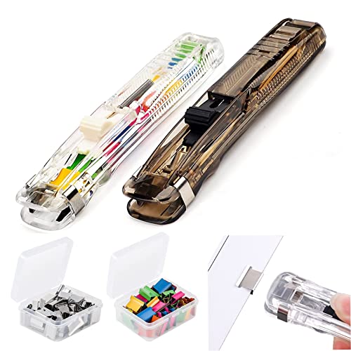 Queerelele Büroklammer Spender Bürobedarf Hefter Klammerloser Hefter Verschluss Clips, 2 Stücke Tragbarer Fast Clam Clip Spender & 100 Edelstahl-Metallklammern, für Büro, Zuhause, Schule, Geschenke von Queerelele