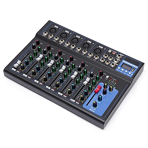 Bluetooth Mixer USB, 7 Kanal Audio Mischpult, Konsole Verstärker USB DJ Live Mixer Studio Bluetooth,5-Segment-LED,20Hz-20kHz±0.5dB von Queeucaer