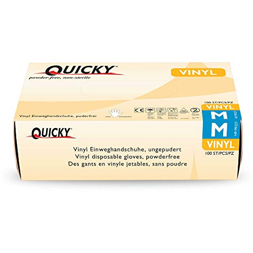 Quicky Vinyl-Einweghandschuhe, ungepudert, Größe M, weiß AQL 1.5, 10er Pack (10 x 100 Stück) von Quicky