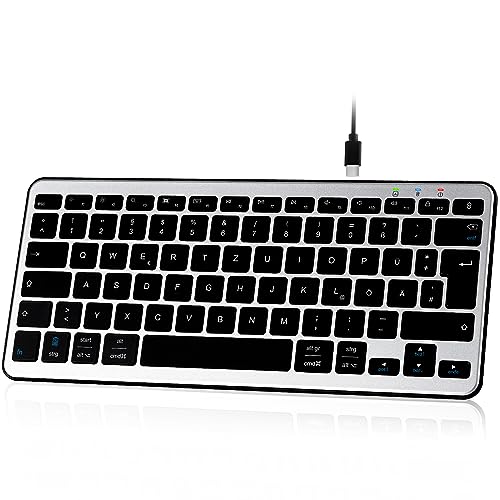 Qulose Kabellose Bluetooth Tastatur, Wiederaufladbare Mini Tastatur Type-C, Funk Tastatur, Ultraslim Ergonomisches Design, Deutsches QWERTZ Layout, für Android/iOS/Windows 11/10/8-Grau von Qulose
