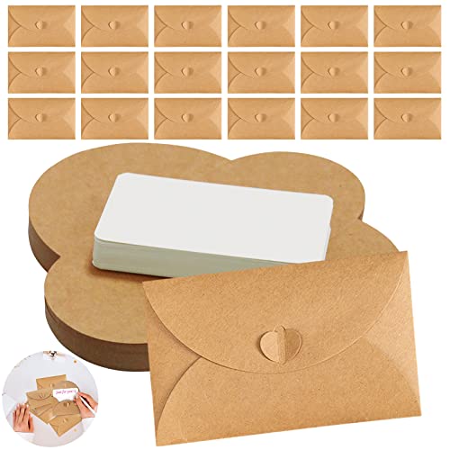 Mini Briefumschläge mit Karten, Kraftpapier 40 Umschläge, Klein Kraftpapier Briefumschläge, Briefumschlag mit Blanko Kartenset, Vintage Mini Kraftpapier Umschläge für Geschenkkarten DIY Dankeskarten von Qunkun