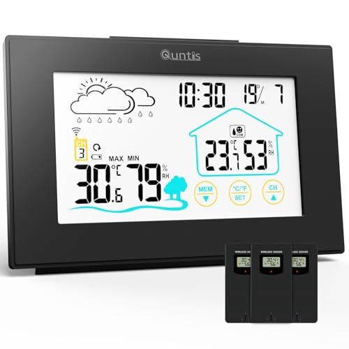 Quntis Wetterstation Funk mit 3 Stück Außensensor, Thermometer Hygrometer Digital Innen und Auße Multifunktionale Funkwetterstation mit Uhrzeitanzeige, Wettervorhersage Wecker und Nachtlicht von Quntis