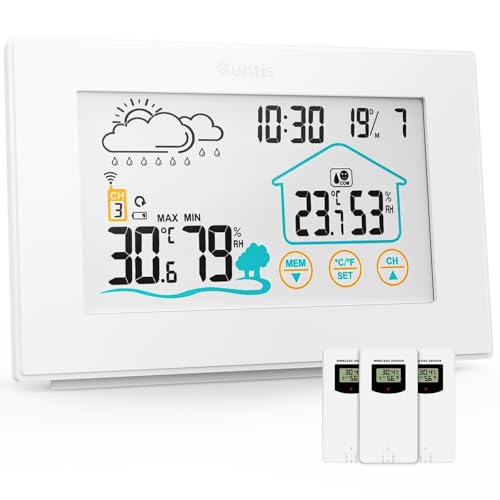 Quntis Wetterstation Funk mit 3 Stück Außensensor, Thermometer Hygrometer Digital Innen und Auße Multifunktionale Funkwetterstation mit Uhrzeitanzeige, Wettervorhersage Wecker - weiss von Quntis