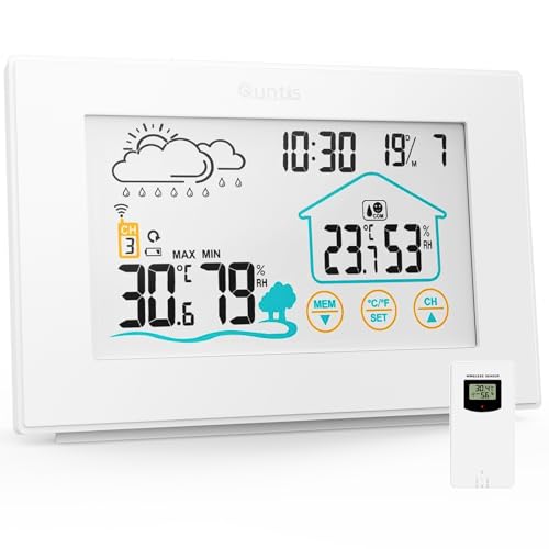 Quntis Wetterstation Funk mit Außensensor, Thermometer Hygrometer Digital Innen und Auße Multifunktionale Funkwetterstation mit Uhrzeitanzeige, Wettervorhersage Wecker und Nachtlicht(Weiss) von Quntis