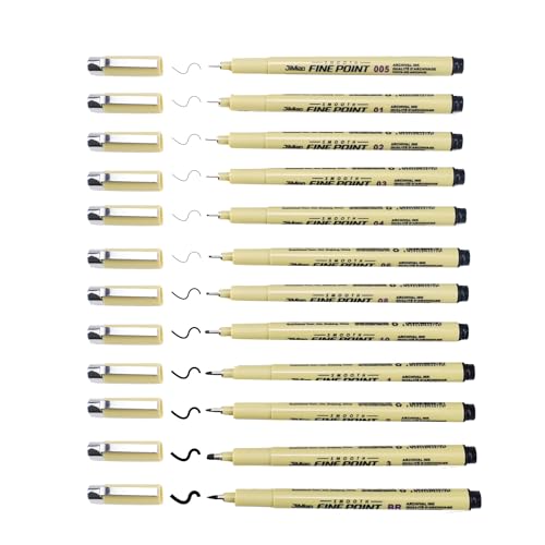 Quxvena Micron Fineliner Stifte,12 Stück Fineliner Set Schwarz mit 12 Verschiedene Linienbreiten,Filzstiften für Künstler,Wasserfest Tuschestift zum Illustrationen,Skizzieren von Quxvena