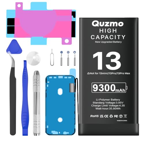 9300mAh Ersatzakku kompatibel mit iPhone 13, (Nicht für 13 Mini/Pro/Pro Max) Ersatzakku mit hoher Kapazität kompatibel mit iPhone 13 Modelle A2633 A2482 A2631 A2634 A2635 mit Werkzeugsatz von Quzmo