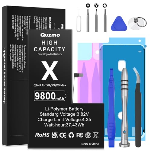 [9800 mAh] Akku für iPhone X, Ersatzakku mit hoher Kapazität, 0 Zyklen für iPhone X A1865, A1901, A1902 mit Reparaturwerkzeug-Set von Quzmo