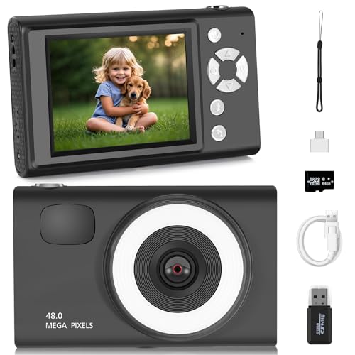 Digitalkamera 1080p Fotoapparat Digital Kamera mit 64G Karte Fotokamera mit Batterie Einfache Tragbare 16X Digitalzoom Digitalkamera für Kinder Teenager Student Senioren Anfänger (Schwarz) von Qwdqwd