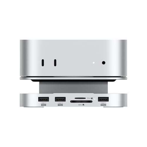 Qwiizlab Aluminium-Standhub mit SSD-Gehäuse, Dockingstation für Mac Mini M4/M4 Pro, 2 USB-A 10 Gbit/s, TF/SD 4.0 Kartenleser 312 MB/s, USB-A 2.0, passend für M.2 NVMe SSD bis zu 8 TB (Silber) von Qwiizlab