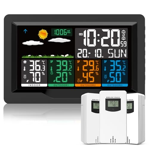 Qxmcov Wetterstation Funk mit Außensensor, Multifunktionale Wetterstation Funk mit 3 Außensensor Digital Thermometer Hygrometer Außen Innen Raumthermometer Hydrometer mit Wettervorhersage für Hau von Qxmcov