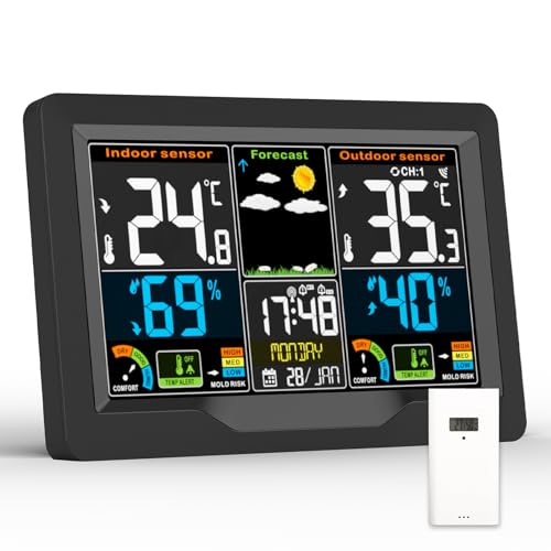 Wetterstation Funk mit Außensensor, Multifunktionale Wetterstation Funk Digital Thermometer Hygrometer Außen Innen Raumthermometer Hydrometer für Haus Büro mit Wettervorhersage, DCF Funkuhr Wetterstation Funk mit Außensensor, Multifunktionale Wetterstation Funk Digital Thermometer Hygrometer Außen Innen Raumthermometer Hydrometer für Haus Büro mit Wettervorhersage, DCF Funkuhr von Qxmcov