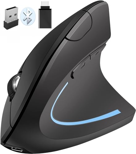 Qxvnm Ergonomische Maus Kabellos Bluetooth Wiederaufladbare Vertikale FunkMaus (BT5.1+2,4 GHz USB + USB C Adapter) Modus mit 6 Tasten 3DPI, Bequemer Griff Mäuse für Laptop/Desktop/Tablet/Mac/Computer von Qxvnm