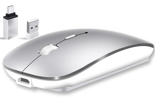 Qxvnm Kabellose Maus Bluetooth, (USB 2,4 GHz + Bluetooth 5.2 + USB-C-Adapter) FunkMaus wiederaufladbar für MacBook Pro/Air/Mac/Tablets/Laptop/Chromebook/Computer/Android Tablet(Silber) von Qxvnm