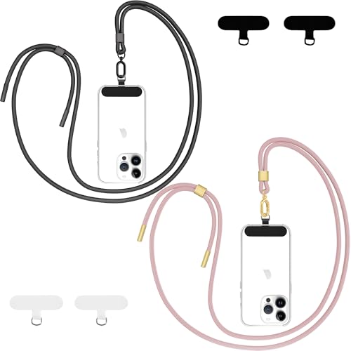 Qyoocom Handykette Universal für alle Smartphones,2 Stück Schlüsselband Kette zum Umhängen mit 4 Universelles Pad,Einstellbar und Abnehmbar. (Schwarz+Roségold) von Qyoocom