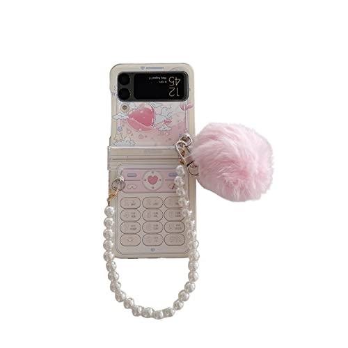 Für Samsung Galaxy Z Flip 3/Flip 4 Hülle mit Riemen, Plüschbälle Girly Design Kawaii Cover Stoßfeste Handyhülle für Frauen Mädchen Gelb von Qywui