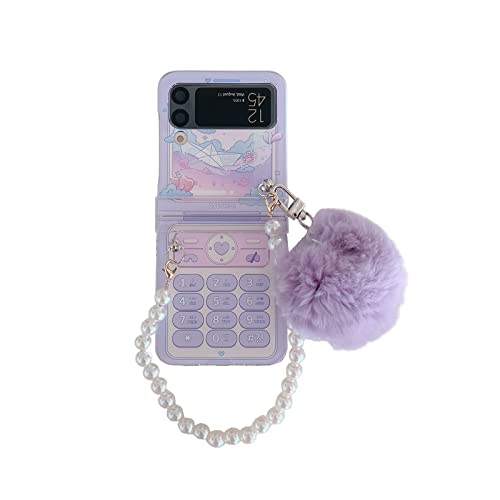 Für Samsung Galaxy Z Flip 3/Flip 4 Hülle mit Riemen, Plüschbälle Girly Design Kawaii Cover Stoßfeste Handyhülle für Frauen Mädchen Lila von Qywui