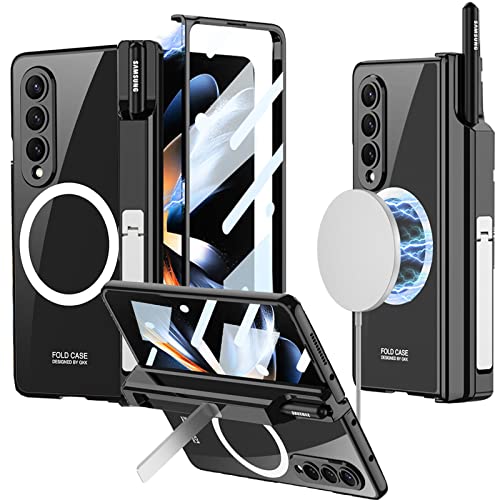 Für Samsung Galaxy Z Fold 4 Hülle mit S Stifthalter & Kabelloses Laden, 5 in 1 galvanisiertes Magnetscharnier Case Handyhülle mit Displayschutzfolie Schwarz von Qywui