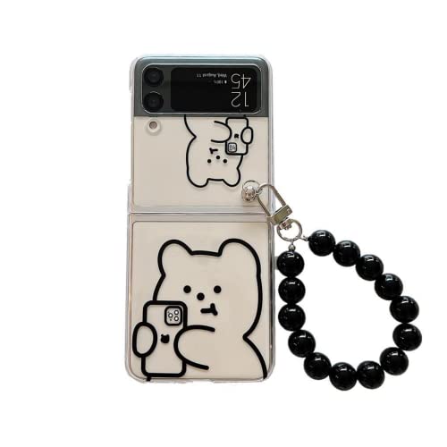 Kawaii Clear Case für Samsung Galaxy Z Flip 4, Cute Selfie Bubble Tea Bear Case für Perlenkette Handgelenkschlaufe Hart PFull Schutz Stoßfest Kreativ von Qywui