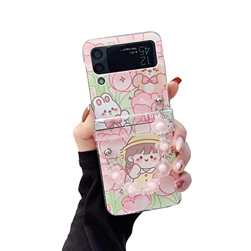 Qywui Schutzhülle für Samsung Galaxy Z Flip 3 5G mit Riemen, harte niedliche Anime Blumenmädchen Stoßfeste Schutzhüllen Kompatibel mit Z Flip 3 für Frauen von Qywui
