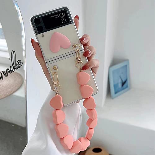 Qywui Schutzhülle für Samsung Galaxy Z Flip 4, mit abnehmbarer Kette, Handgelenkschlaufe, Armband, niedliche Schutzhülle für Mädchen und Frauen, 3D-Liebesherz, Handkette, schlankes Design, Rosa von Qywui