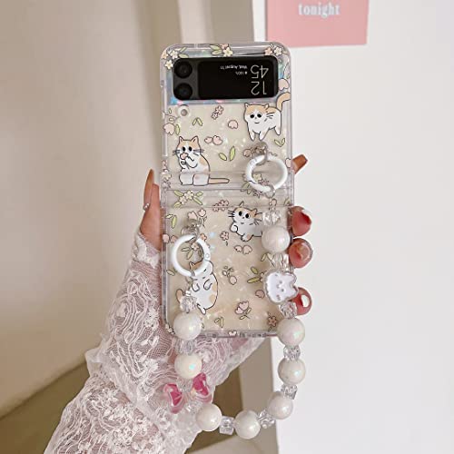 für Samsung Galaxy Z Flip 3/Flip 4 Cute Case, Handgelenkschlaufe und Scharnierschutz, Slim Kawaii Cartoon Tier Motive Niedliche Frauen Mädchen Handyhülle von Qywui