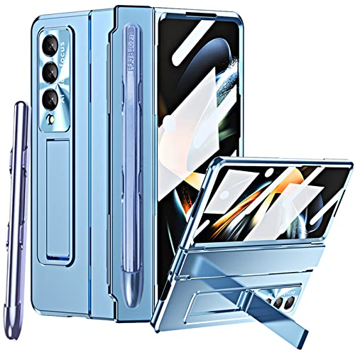 für Samsung Galaxy Z Fold 4 Hülle mit S Pen & Stifthalter, Einteilige Design Hülle mit Scharnierschutz Eingebaute Displayschutzfolie Kickstand All-Inclusive Slim PC Case Blau von Qywui