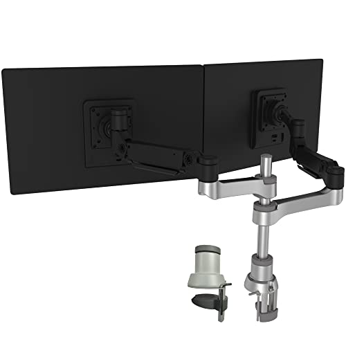 R-Go Caparo 4 D2 Monitor Halterung 2 Monitore, Gasdruckfeder arm, Tischhalterung mit C-Klemme ohne zu bohren, Für 13-32 Zoll bildschirm, 9 kg Tragkraft pro Arm, VESA75/100, Matt Schwarz/Silber von R-Go Tools