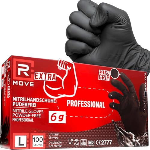 R MOVE 100 Einweghandschuhe Schwarz L, Nitrilhandschuhe EXTRA BESTÄNDIG Einmalhandschuhe +60% Dicke 6gr puderfrei und latexfrei gummihandschuhe für Mechaniker Tätowierer Kosmetiker handschuhe einweg von R MOVE