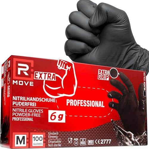 R MOVE 100 Einweghandschuhe Schwarz M, Nitrilhandschuhe EXTRA BESTÄNDIG Einmalhandschuhe +60% Dicke 6g puderfrei, latexfrei gummihandschuhe für Mechaniker Tätowierer Kosmetiker handschuhe einweg (M) von R MOVE