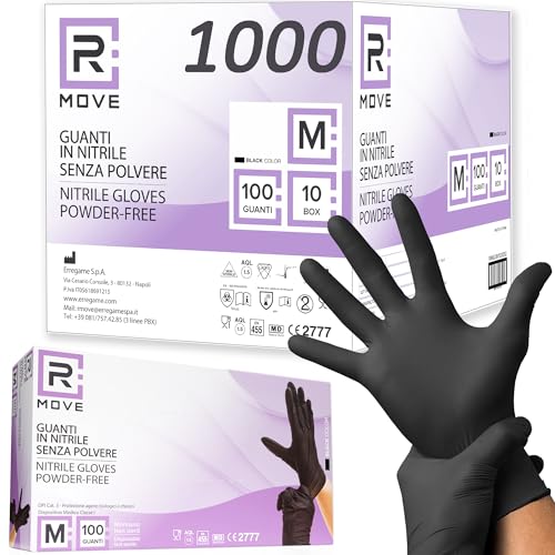 R MOVE 1000 Einweghandschuhe Schwarz, Nitrilhandschuhe, einmalhandschuhe puderfrei & latexfrei, handschuhe einweg für Mechaniker, Tätowierer, Kosmetikerinnen (Schwarz, M) von R MOVE