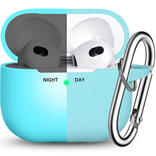 R-fun AirPods 3 Case Cover, Silikon Schutzzubehör Skin mit Schlüsselanhänger Kompatibel mit Apple AirPods 3. Generation 2021 für Frauen Männer Mädchen Jungen, Front LED sichtbar,Blau leuchten von R-fun