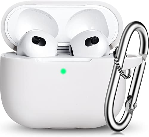 R-fun AirPods 3 Case Cover, Silikon Schutzzubehör Skin mit Schlüsselanhänger Kompatibel mit Apple AirPods 3. Generation 2021 für Frauen Männer Mädchen Jungen, Front LED sichtbar,Weiß von R-fun