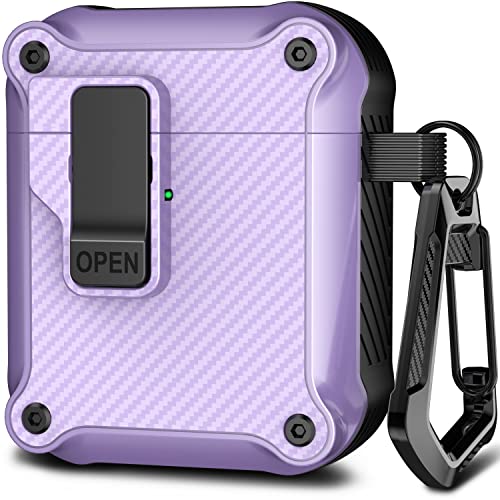 R-fun Airpods Case Cover mit automatischem Secure Lock Clip, schützende robuste Hartschale für Apple Airpods 1&2 Ladecase mit Carbon Fiber Schlüsselanhänger-Lavneder von R-fun