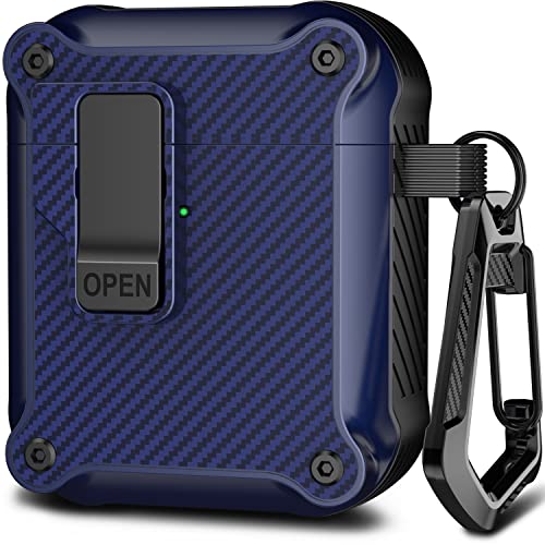 R-fun Airpods Case Cover mit automatischem Secure Lock Clip, schützende robuste Hartschale für Apple Airpods 1&2 Ladecase mit Carbon Fiber Schlüsselanhänger-Nachtblau von R-fun