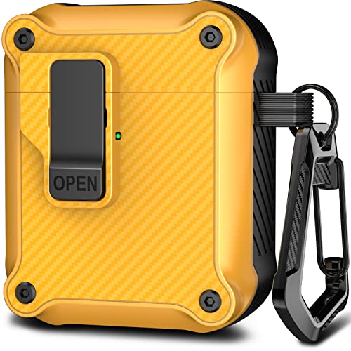 R-fun Airpods Case Cover mit automatischem Secure Lock Clip, schützende robuste Hartschale für Apple Airpods 1&2 Ladecase mit Carbon Fiber Schlüsselanhänger-Orange von R-fun