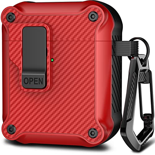 R-fun Airpods Case Cover mit automatischem Secure Lock Clip, schützende robuste Hartschale für Apple Airpods 1&2 Ladecase mit Carbon Fiber Schlüsselanhänger-Rot von R-fun