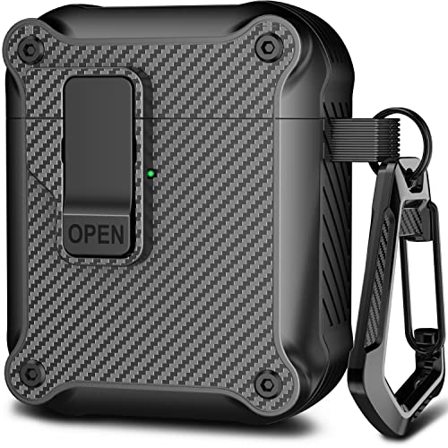 R-fun Kompatibel mit AirPods 2 Generation Hülle 2019, 1 Gen 2016 Case Cover, automatisches Pop-Up-Deckel-Design für Apple Airpods Hülle mit Reinigungsset & Schlüsselanhänger,Schwarz von R-fun