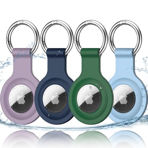 R-fun Airtag-Halter mit Schlüsselanhänger, [4 Stück] wasserdichte Silikon-AirTag-Hülle mit Schlüsselringen für Geldbörse, Hundehalsband, Gepäck und Schlüssel,Violett/Mitternachtsblau/Grün/Himmelblau von R-fun