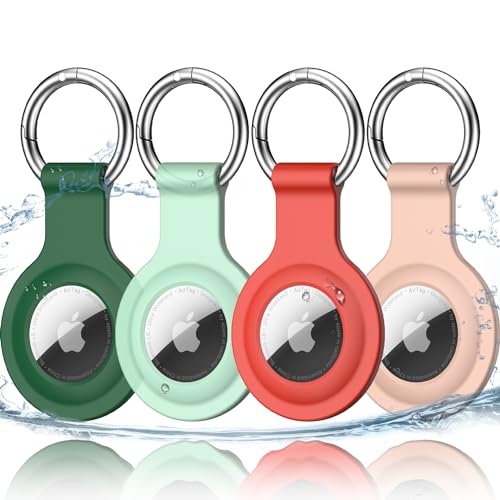 R-fun Airtag-Halter mit Schlüsselanhänger, [4 Stück] wasserdichte Silikon-AirTag-Hülle mit Schlüsselringen für Geldbörse, Hundehalsband, Gepäck und Schlüssel,Grün/Nachtleuchtend/Rot/Sandrosa von R-fun