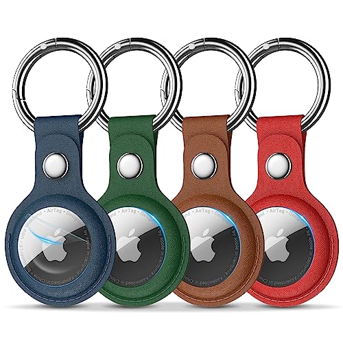 R-fun Airtag-Halter mit Schlüsselanhänger und Schloss, [4er-Pack] Schutzhülle aus PU-Leder mit Schlüsselringen für Geldbörse, Hundehalsband, Gepäck und Schlüssel, blau/grün/braun/rot von R-fun