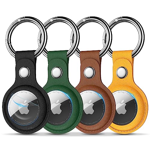 R-fun Airtag-Halter mit Schlüsselanhänger und Schloss, [4er-Pack] Schutzhülle aus PU-Leder mit Schlüsselringen für Geldbörse, Hundehalsband, Gepäck und Schlüssel, schwarz/grün/braun/gelb von R-fun
