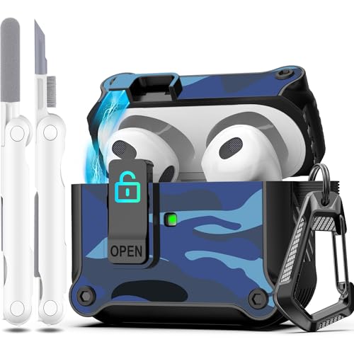 R-fun Kompatibel mit AirPods 3 Generation hülle Case Cover 2021, automatisches Pop-Up-Deckel-Design für Apple Airpod 3 Gen Hülle mit Reinigungsset und Schlüsselanhänger, Blaue Tarnung von R-fun