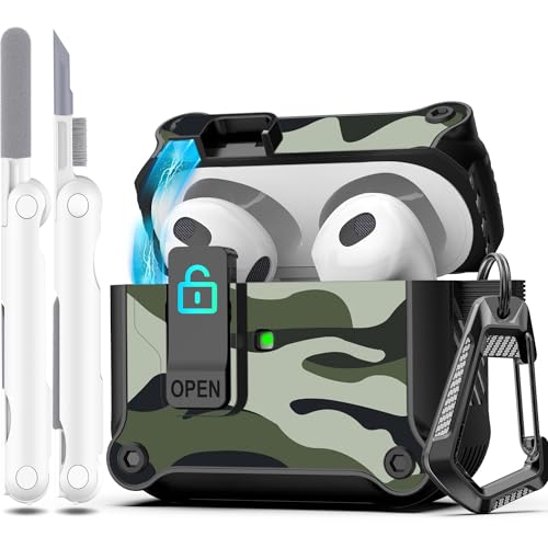 R-fun Kompatibel mit AirPods 3 Generation hülle Case Cover 2021, automatisches Pop-Up-Deckel-Design für Apple Airpod 3 Gen Hülle mit Reinigungsset und Schlüsselanhänger, Grüne Tarnung von R-fun