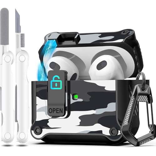 R-fun Kompatibel mit AirPods 3 Generation hülle Case Cover 2021, automatisches Pop-Up-Deckel-Design für Apple Airpod 3 Gen Hülle mit Reinigungsset und Schlüsselanhänger, Schneetarnung von R-fun
