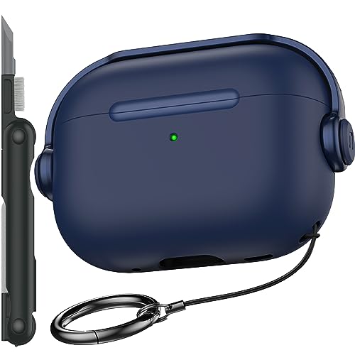 R-fun Schutzhülle kompatibel mit Apple Airpods Pro (2023/2022/2019, 2./1. Gen), (USB-C/Lightning-Kabel), Musik-Kopfhörer-Kopfhörer-Hülle mit Sicherheitsschloss und Reinigungsset,Marineblau von R-fun
