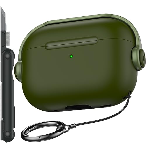 R-fun Schutzhülle kompatibel mit Apple Airpods Pro (2023/2022/2019, 2./1. Gen), (USB-C/Lightning-Kabel), Musik-Kopfhörer-Kopfhörer-Hülle mit Sicherheitsschloss und Reinigungsset,Oliv von R-fun