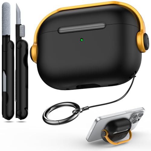 R-fun Schutzhülle kompatibel mit Apple Airpods Pro (2023/2022/2019, 2./1. Gen), (USB-C/Lightning-Kabel), Musik-Kopfhörer-Kopfhörer-Hülle mit Sicherheitsschloss und Reinigungsset,Schwarz & Gelb von R-fun