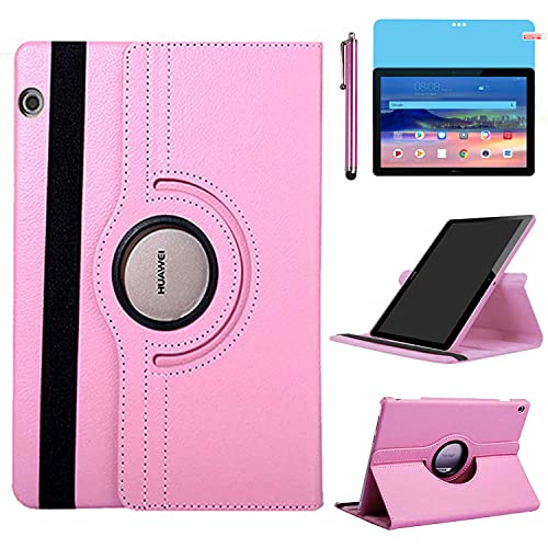 Hülle für Huawei MediaPad T5 10 Tablette 10.1 Zoll (AGS2-W09 AGS2-L09 AGS2-L03), 360 Grad drehbarer Ständer Schutzhülle,Mit Stylus Pen,Bildschirm Film (Pink) von R.SHENGTE