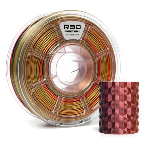 R3D Tri Color Silk PLA 3D-Druckerfilament, Co-Extrusion, 1,75 mm, 1 kg, 30–370 mm/s Hochgeschwindigkeitsdruck, 1,75 mm, Maßgenauigkeit +/- 0,02 (Seidenrot-Gold-Schwarz) von R3D